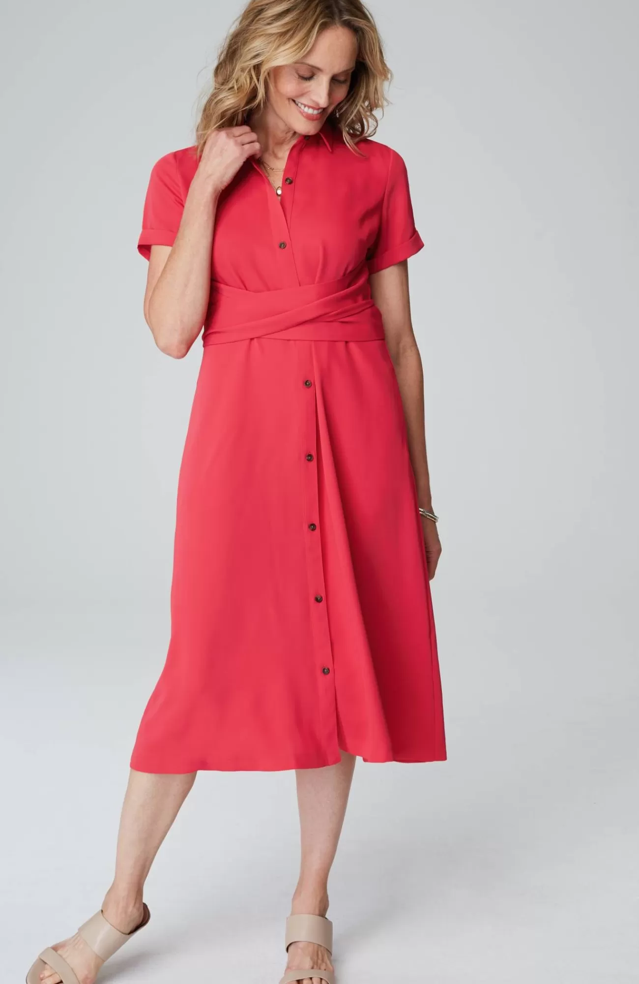 J.Jill Wearever Button-Front Belted Shirtdress Poppy Outlet