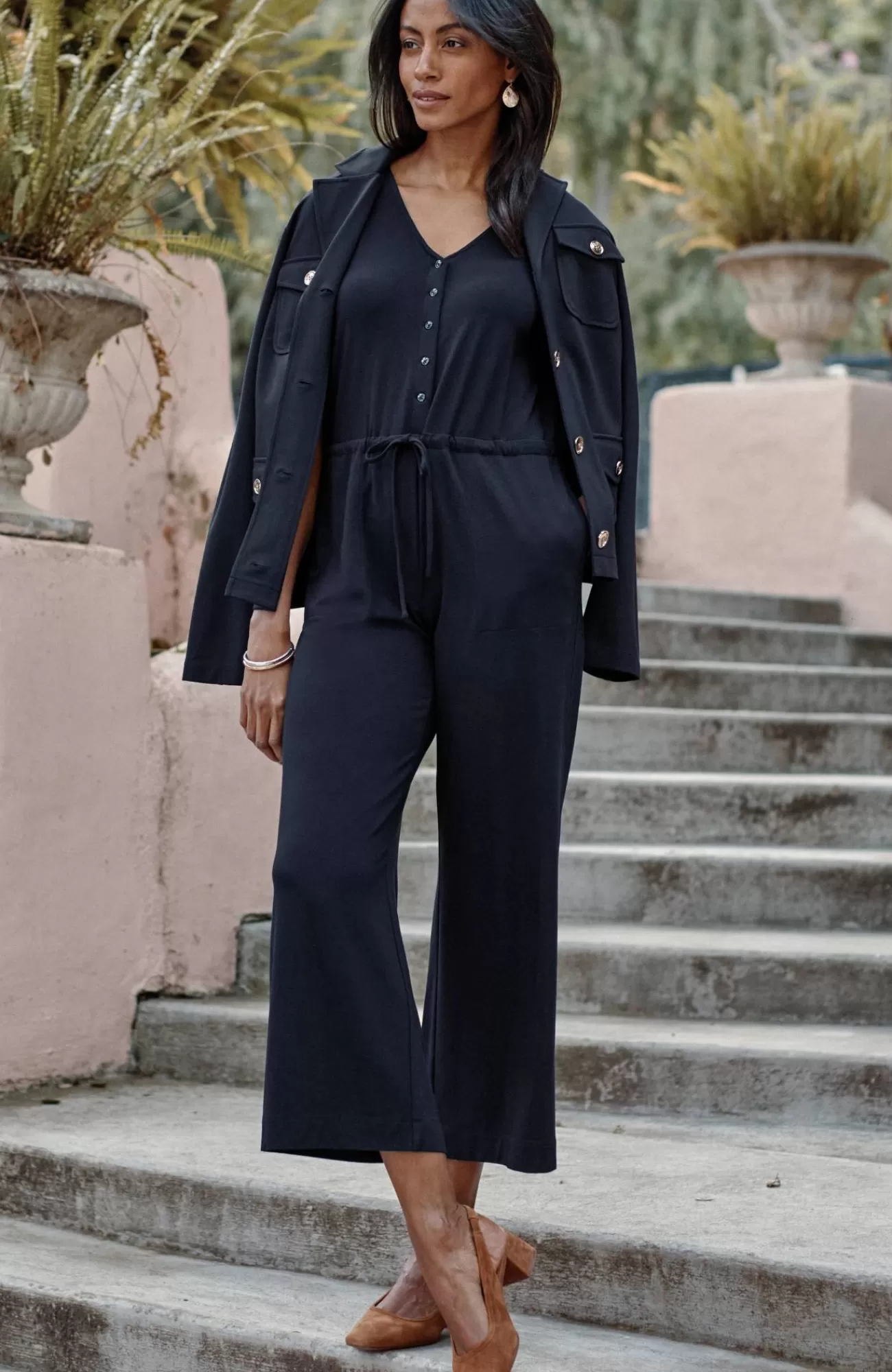 J.Jill Wearever Button-Front Jumpsuit Navy Blue Sale