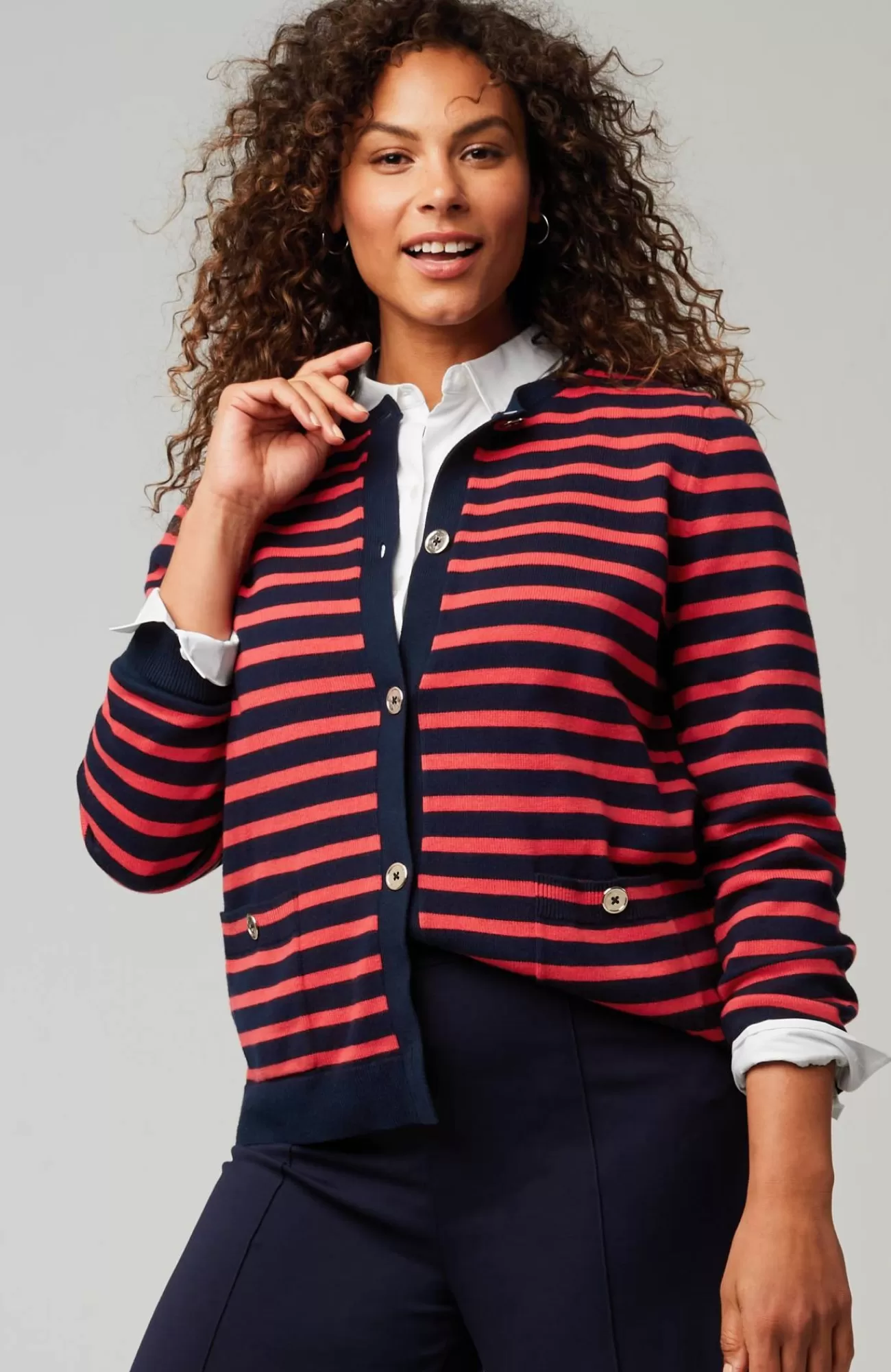 J.Jill Wearever Button-Front Striped Cardi Navy Blue/poppy Sale