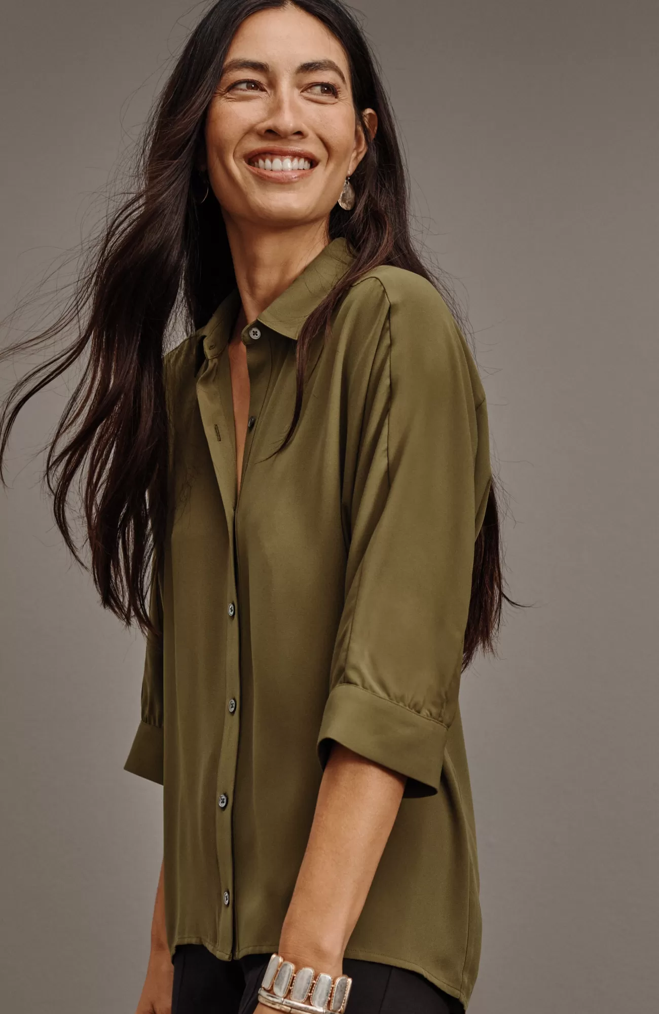 J.Jill Wearever Easy-Care High-Low Button-Down Spanish Olive Flash Sale