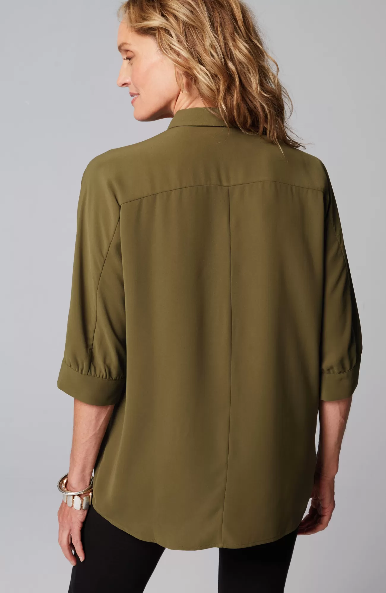 J.Jill Wearever Easy-Care High-Low Button-Down Spanish Olive Flash Sale