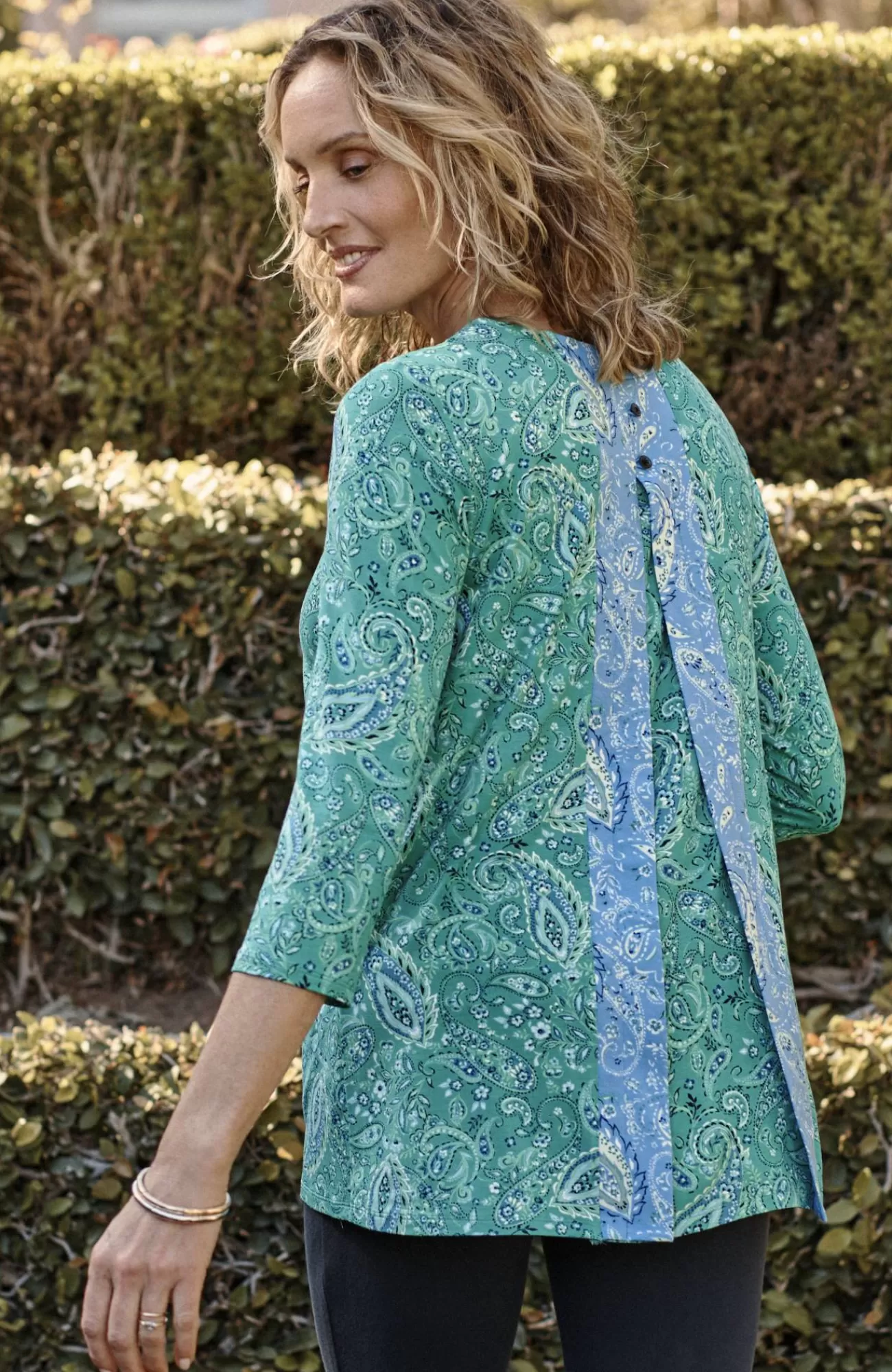 J.Jill Wearever Mixed-Print Button-Back Top Teal Green Paisley Flourish Mix New