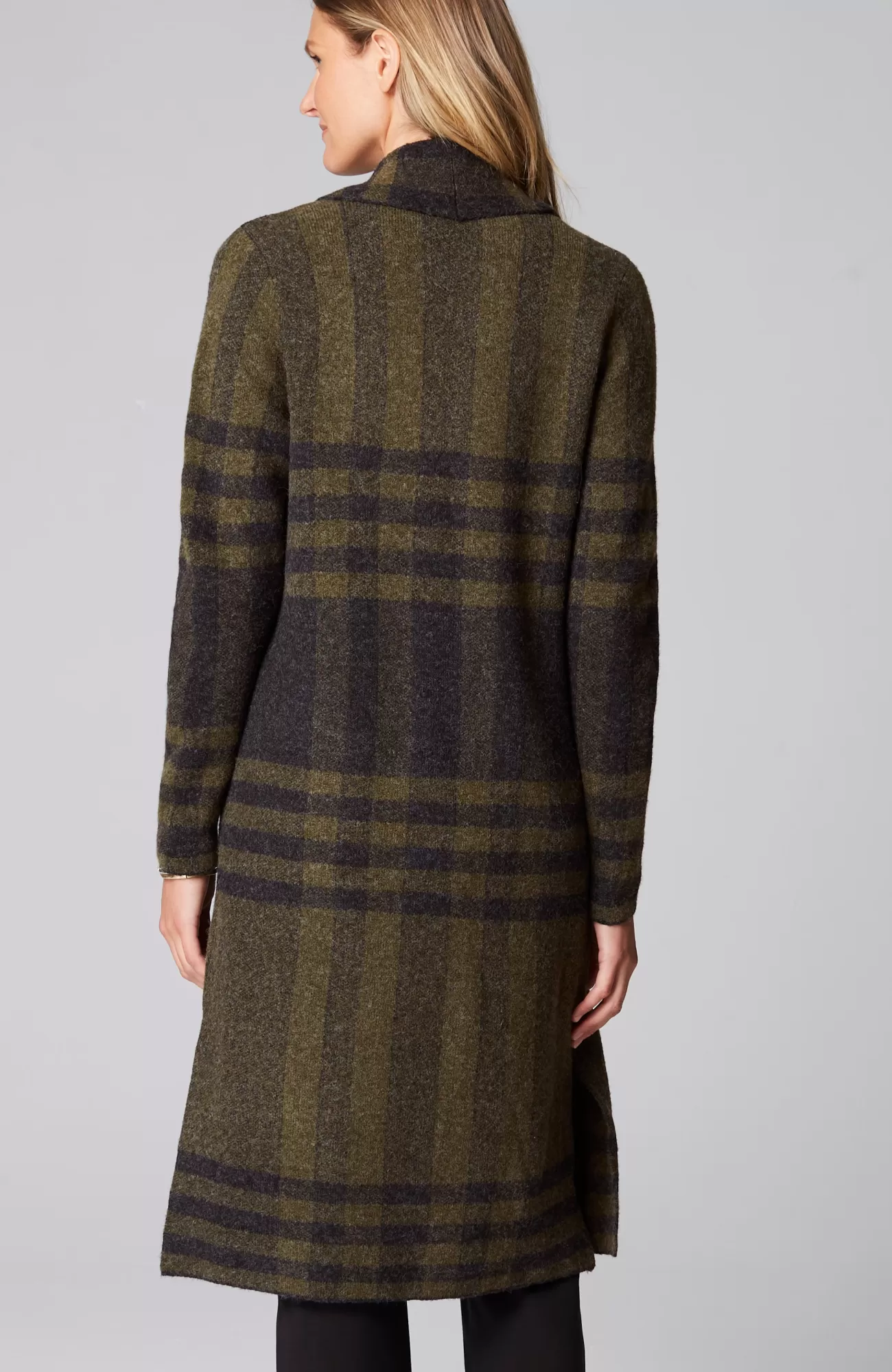 J.Jill Wearever Shawl-Collar Plaid Sweater Coat Black Heather/olive Heather Store