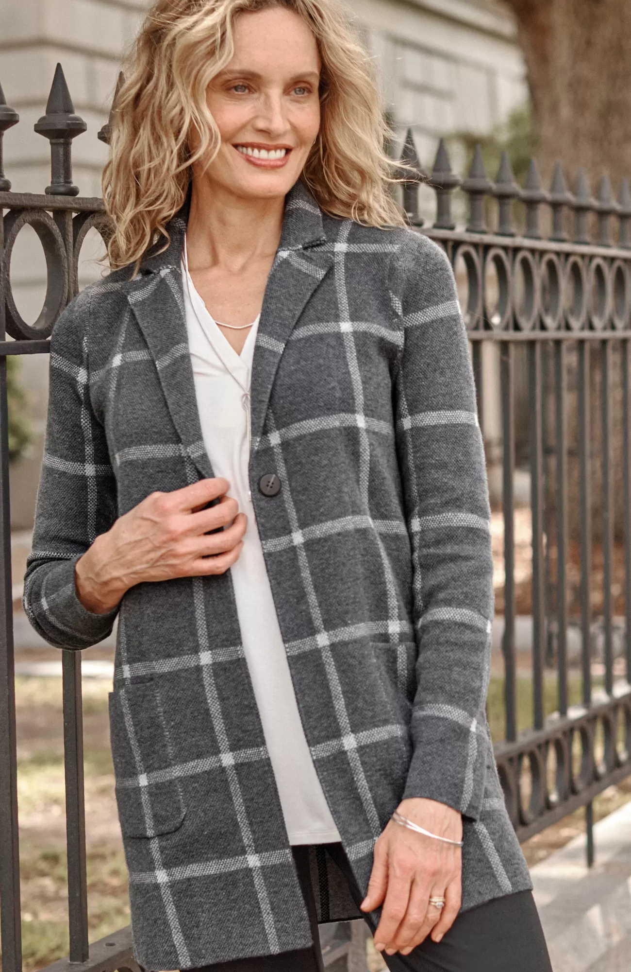 J.Jill Wearever Windowpane Sweater-Jacket Charcoal Heather/grey Heather Store